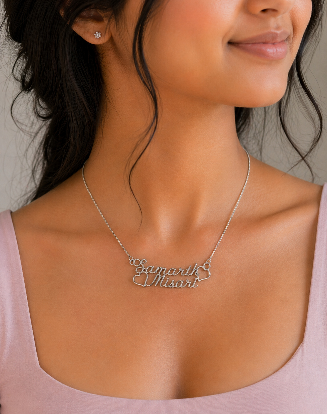 92.5 Sterling Custom Double Heart Name Pendant with Chain