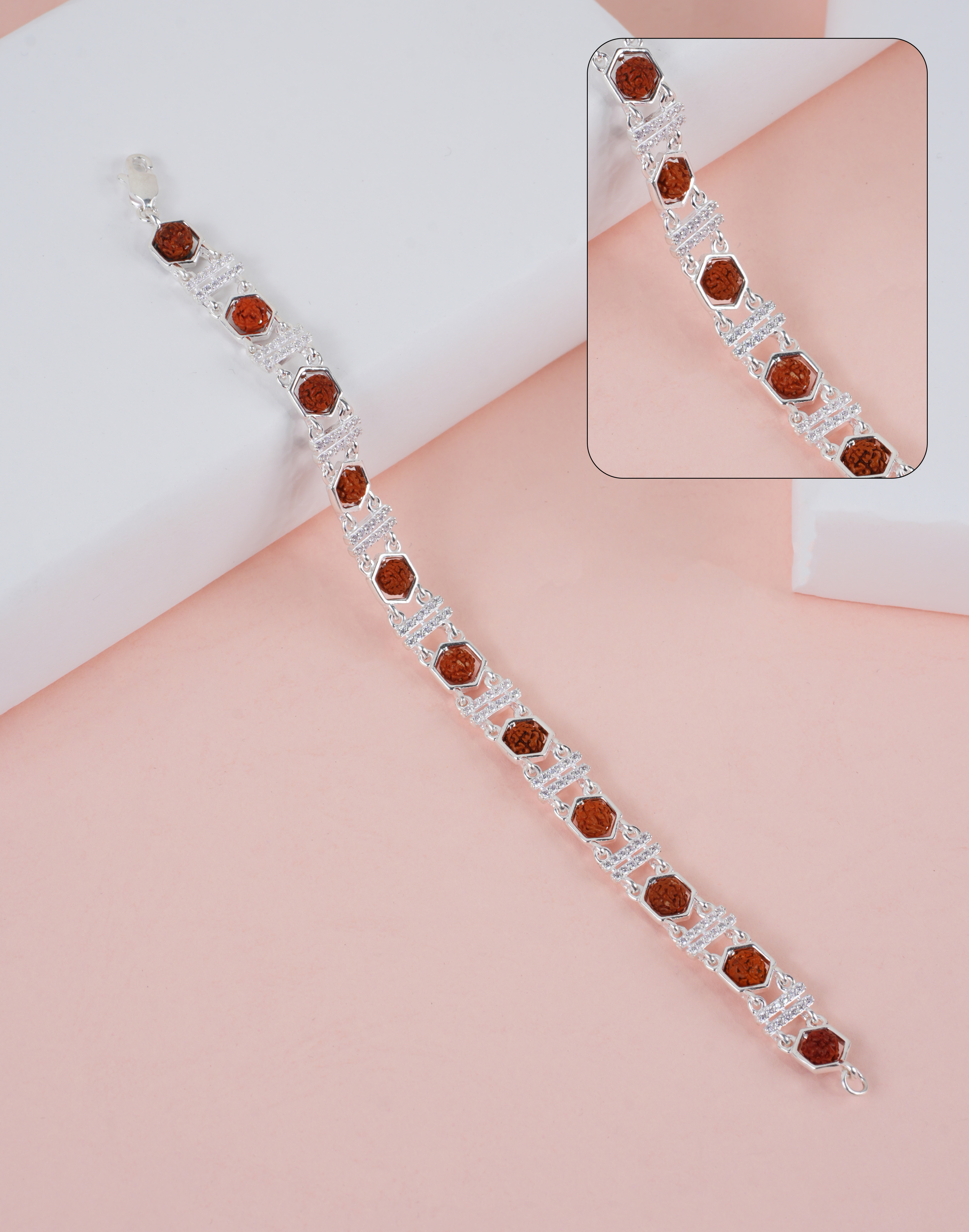 RUDRAKSH SILVER CZ DOUBLE STRIP BRACELET HEXAGON
