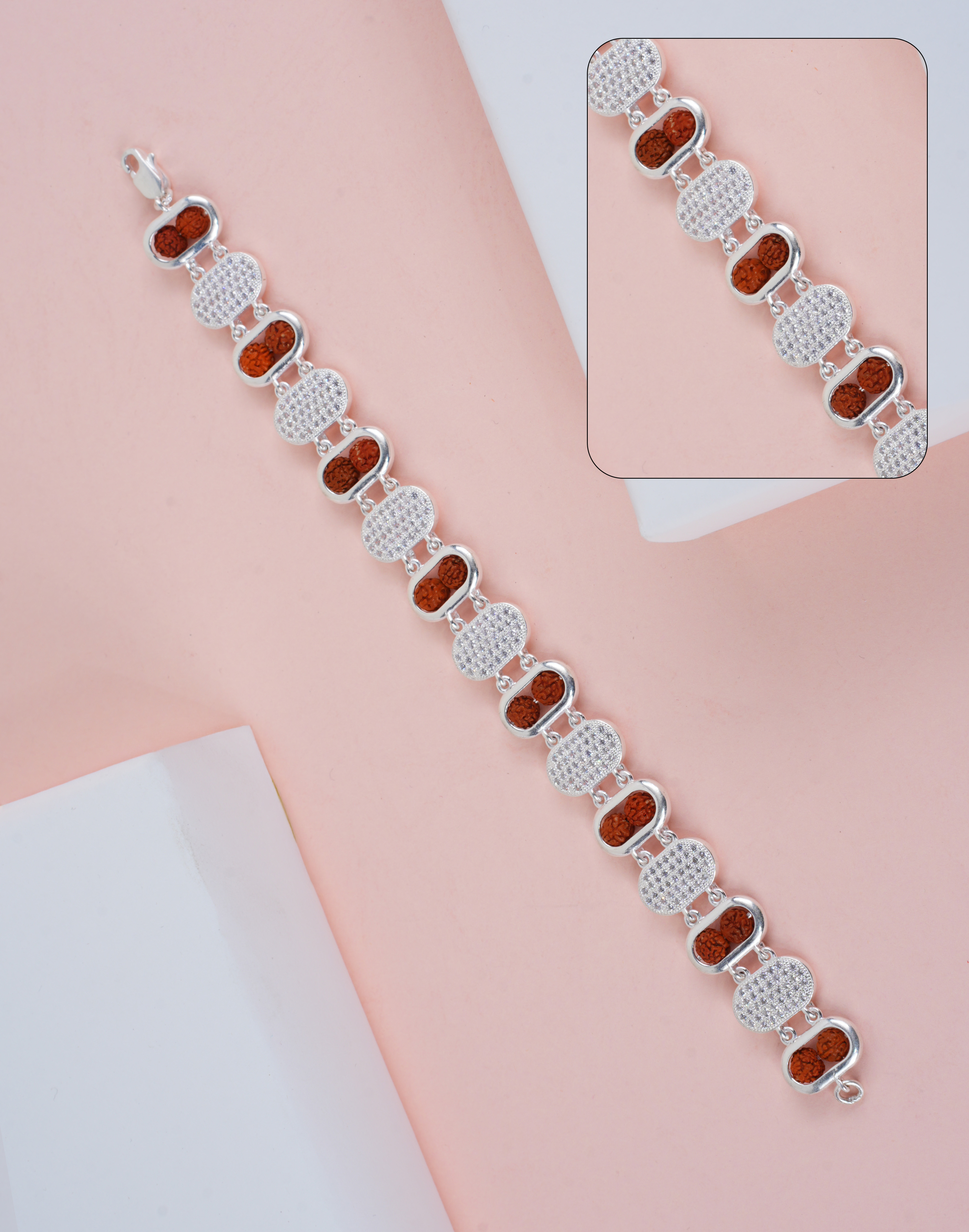 RUDRAKSH BRACELET SILVER CAPSULE CZ TWO LINE