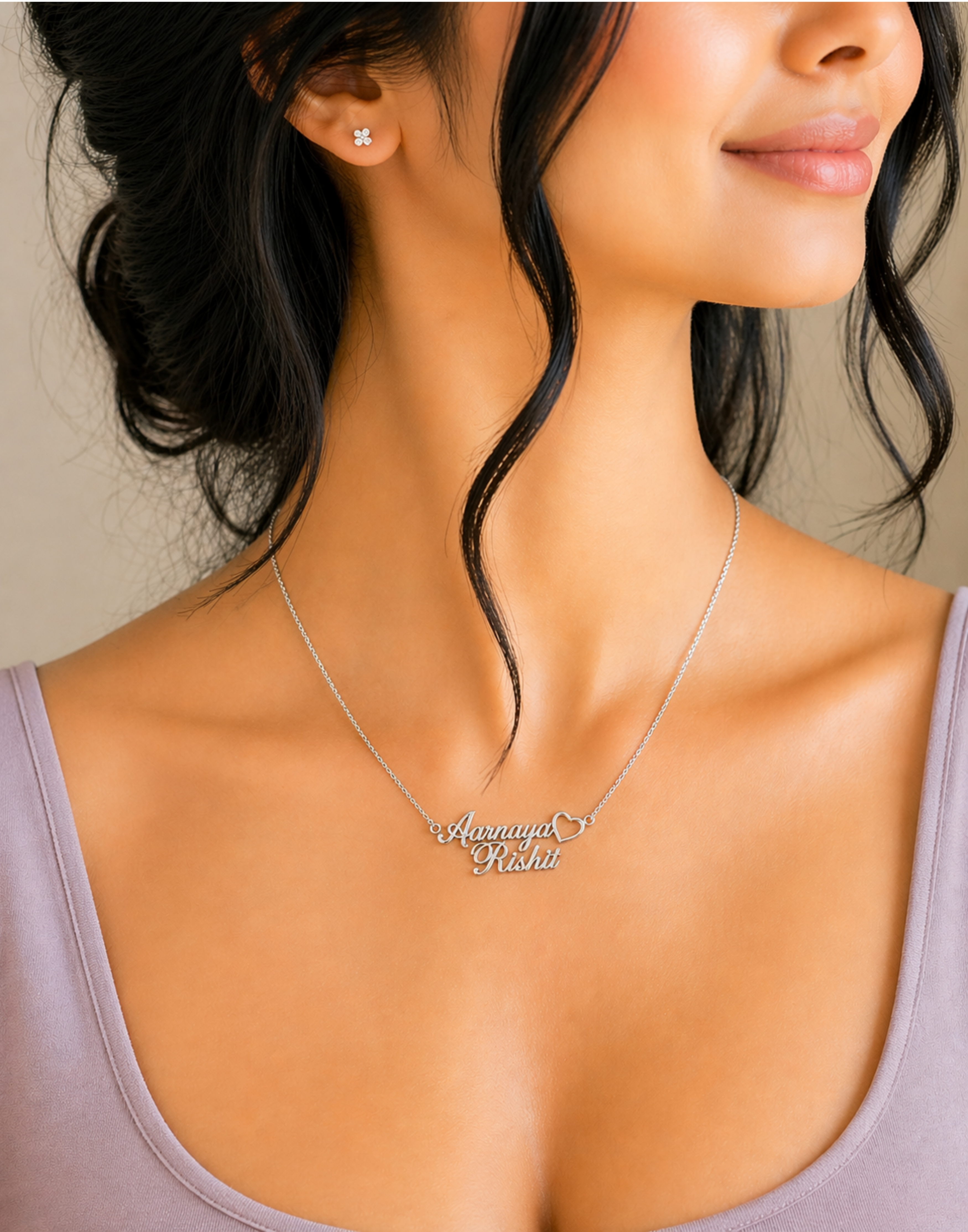 92.5 Sterling Custom Double Name Heart Pendant with Chain